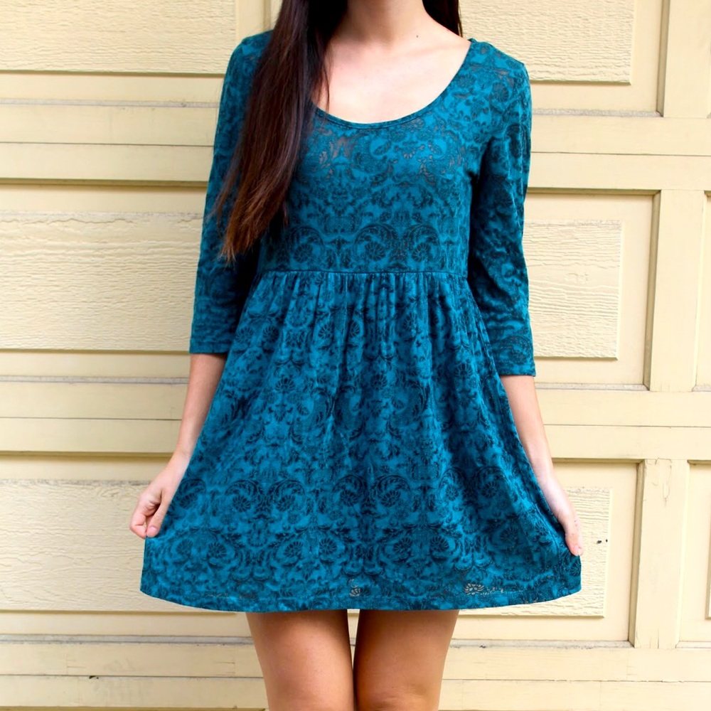 F21 3/4 Sleeve Velvet Dark Teal Dress
